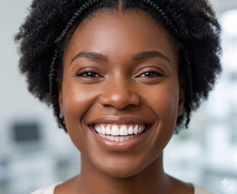 Mulher negra sorrindo com dentes brancos — Clareamento Art Dental Belém