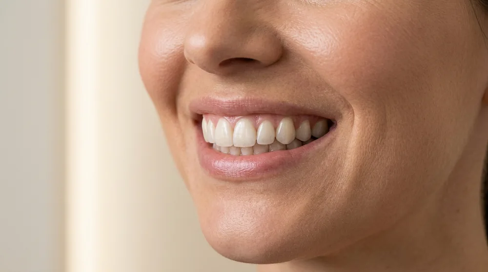 Close-up de sorriso feminino com dentes alinhados — Facetas Art Dental Belém