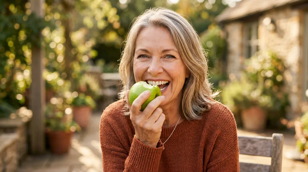 Mulher madura sorrindo mordendo maçã — Implantes Art Dental Belém