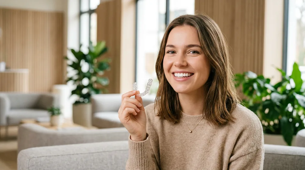 Mulher jovem sorrindo segurando alinhador invisível — Ortodontia Art Dental Belém