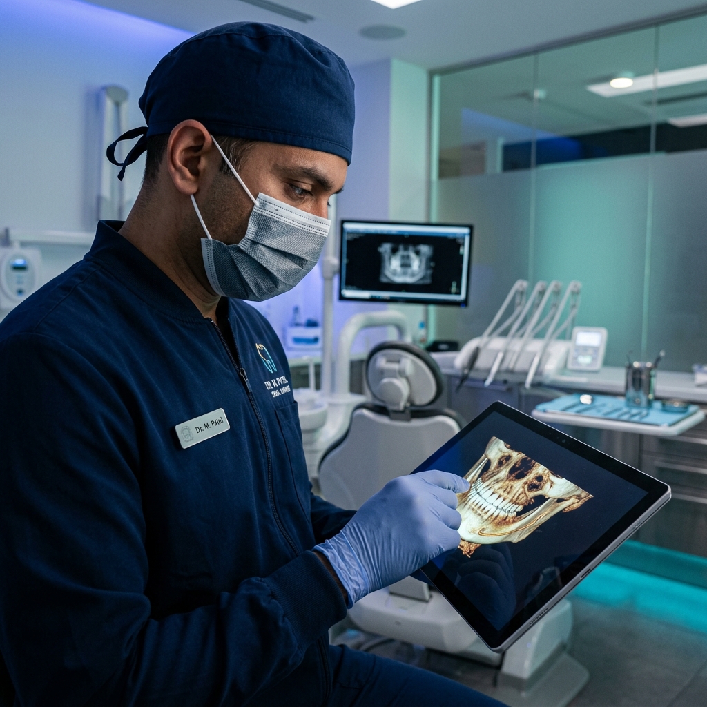 Cirurgião Bucomaxilofacial analisando tomografia de alta precisão