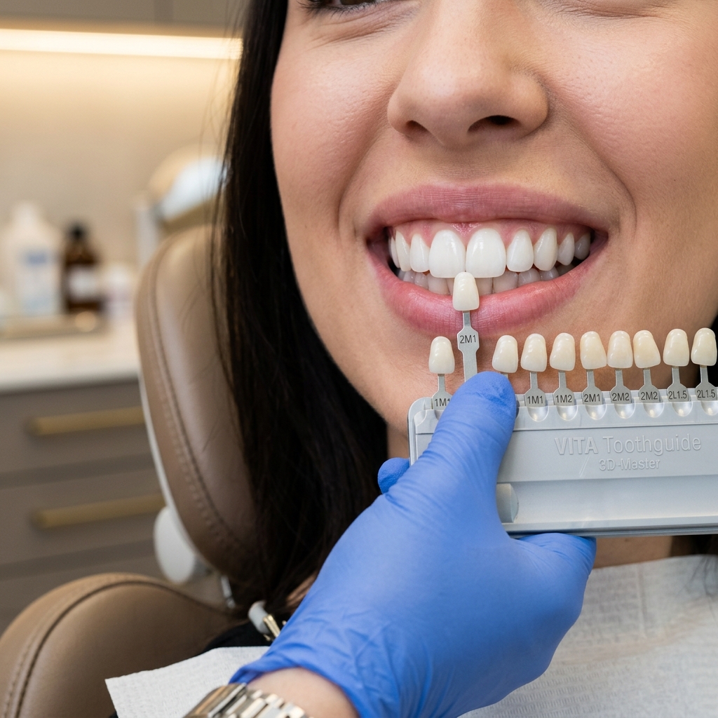 Dentista avaliando a cor dos dentes com a escala estética VITA