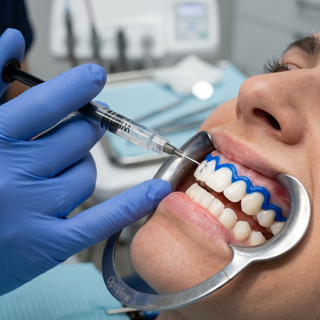 Aplicação clínica detalhista do gel clareador translúcido sobre o dente