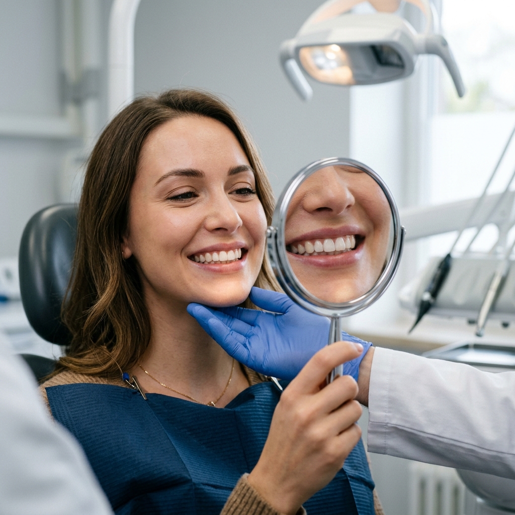 Paciente visualizando o mockup do sorriso estético com um espelho de mão