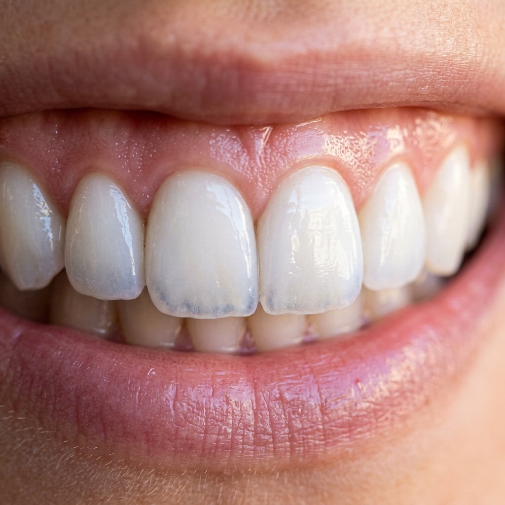 Close-up hiper-realista das bordas incisais de facetas de porcelana