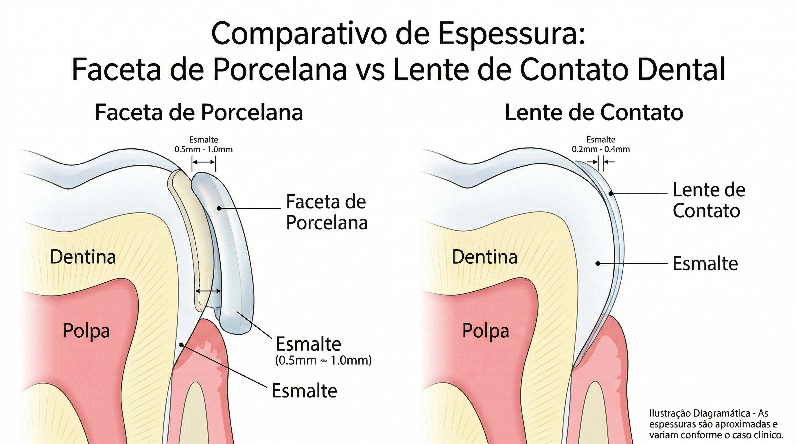 Comparação entre faceta de porcelana e lente de contato dental — espessura e aplicação