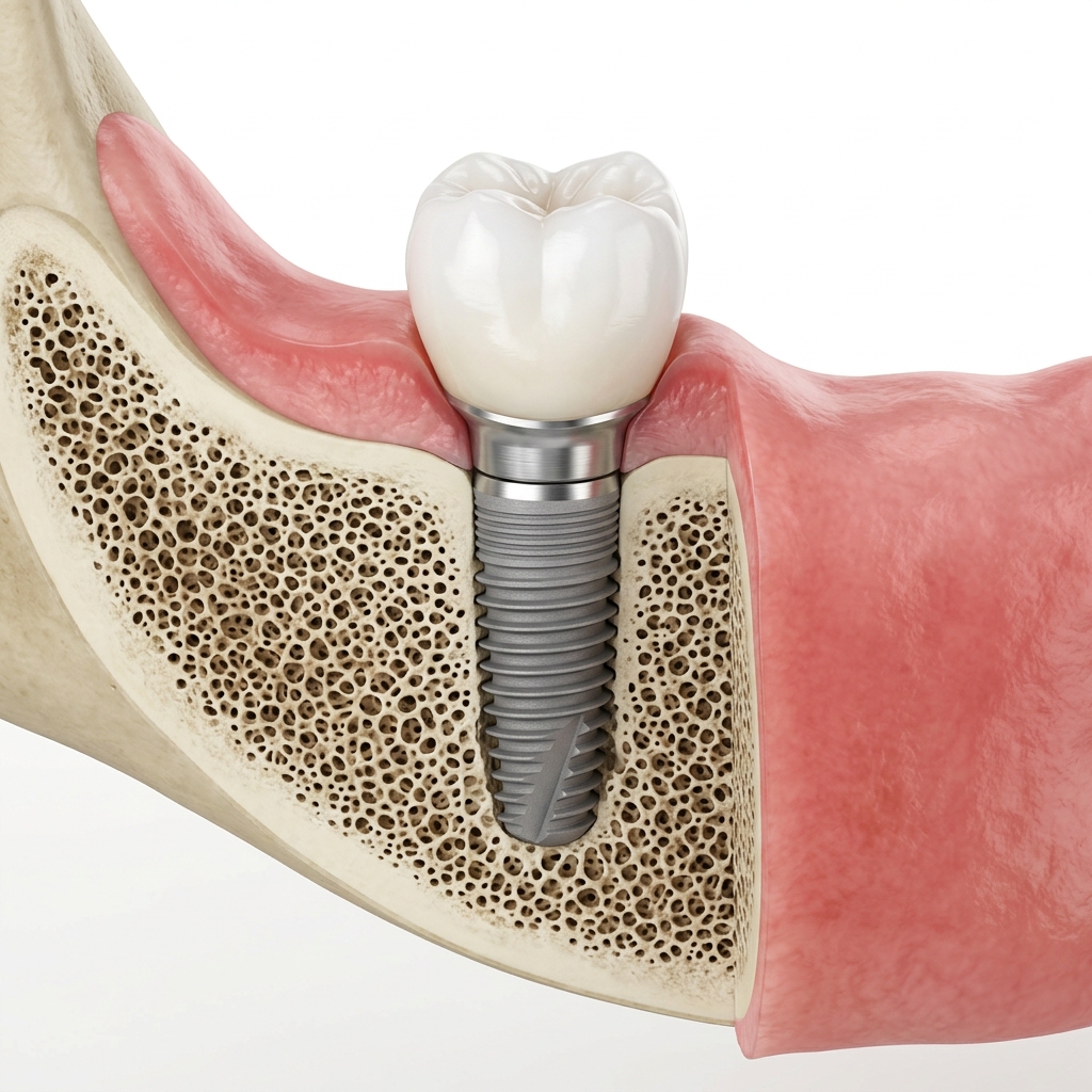 Anatomia de um implante dentário — parafuso de titânio, pilar e coroa