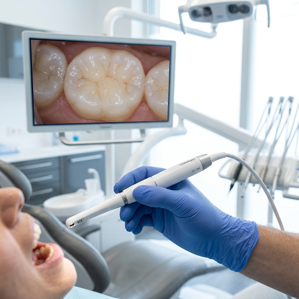 Check-up preventivo com câmera intraoral e monitor