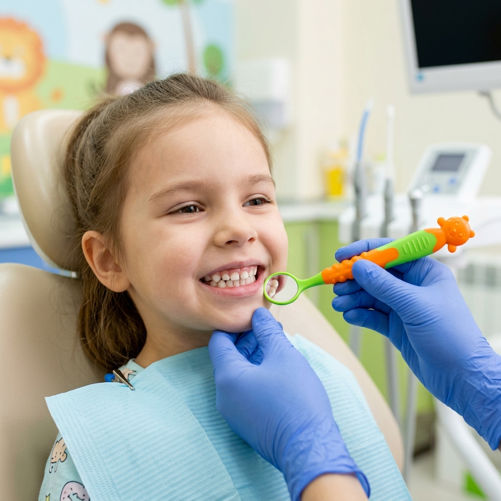 Dentista usando espelhinho lúdico colorido para examinar o dente de uma criança
