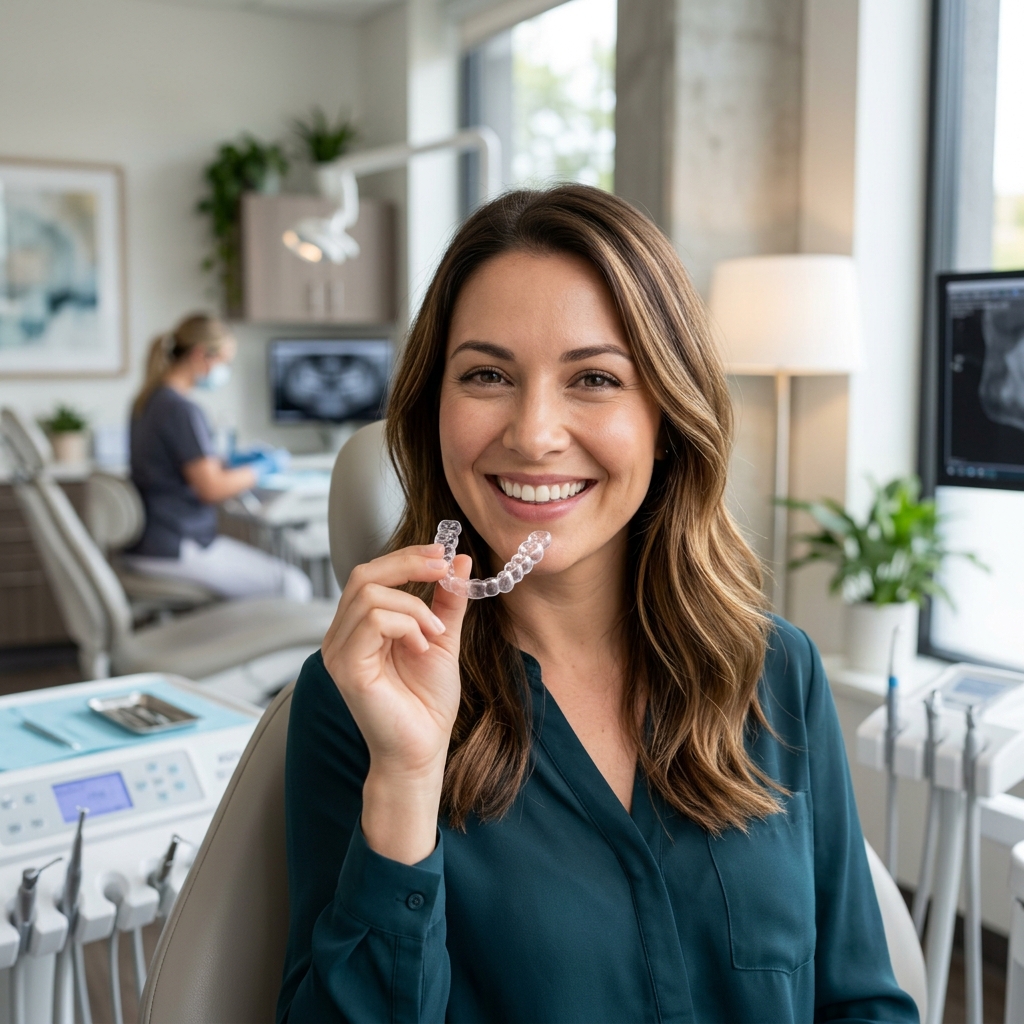 Paciente sorrindo com alinhador transparente