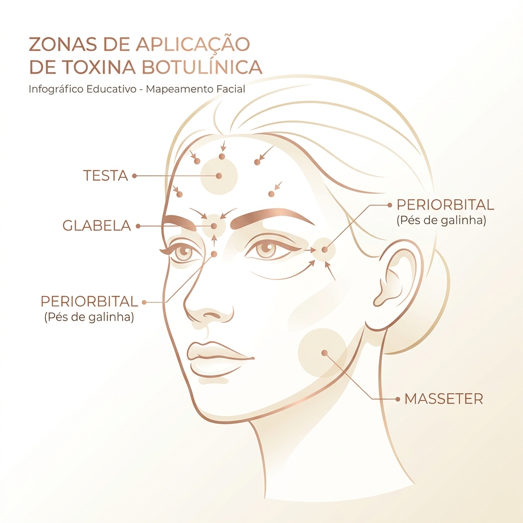 Diagrama educativo mostrando as áreas de aplicação da toxina botulínica na face: testa, glabela, periorbital e masseter