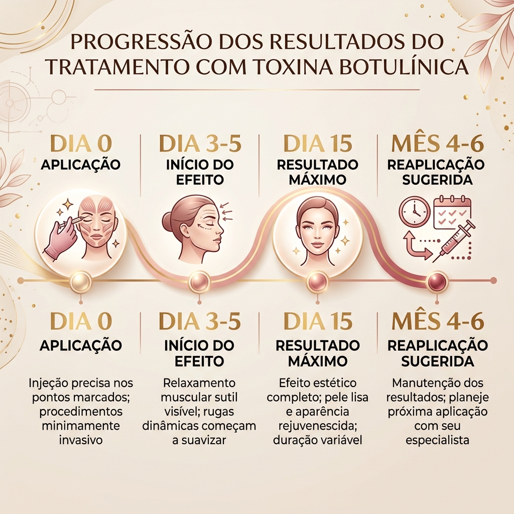 Infográfico mostrando a linha do tempo dos resultados da toxina botulínica: aplicação, início do efeito, resultado máximo e reaplicação