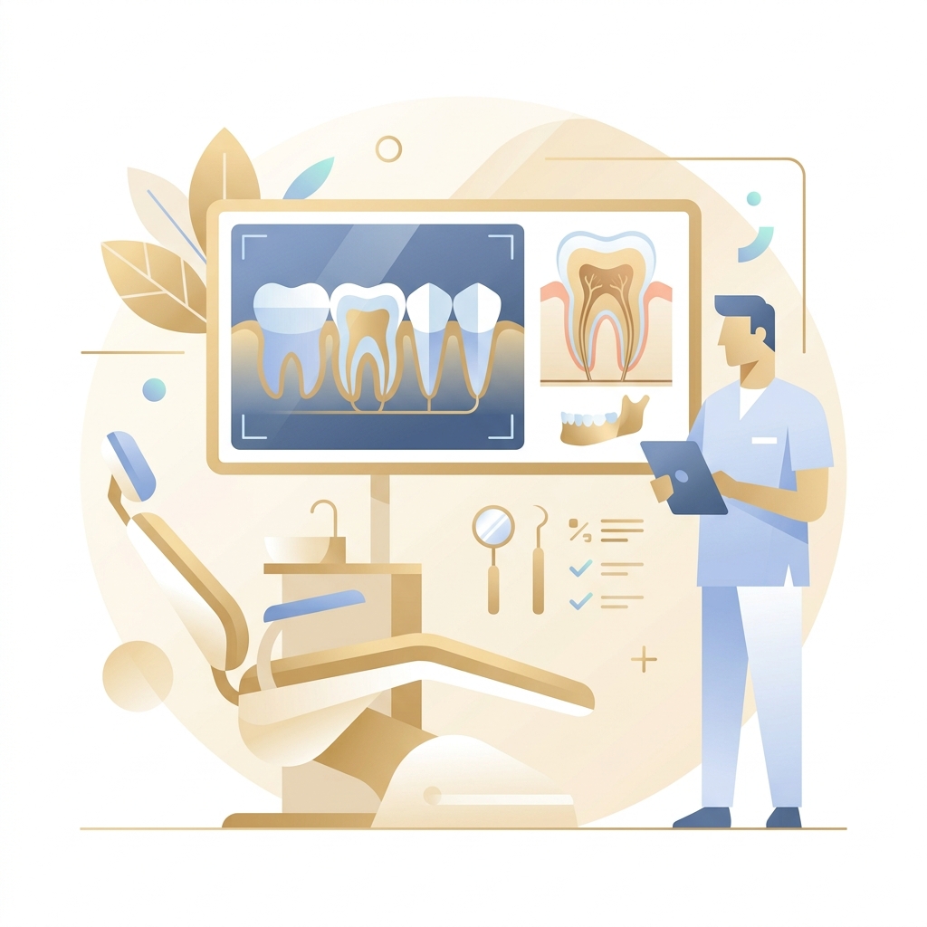 Ilustração conceitual de diagnóstico odontológico com radiografia digital e cadeira odontológica