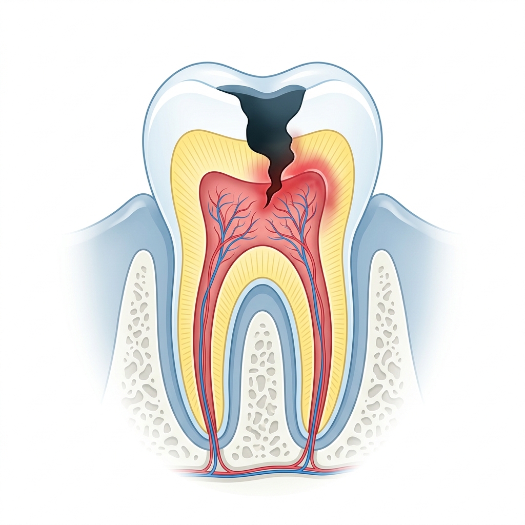 Diagrama ilustrativo de um dente em corte mostrando esmalte, dentina e polpa dental
