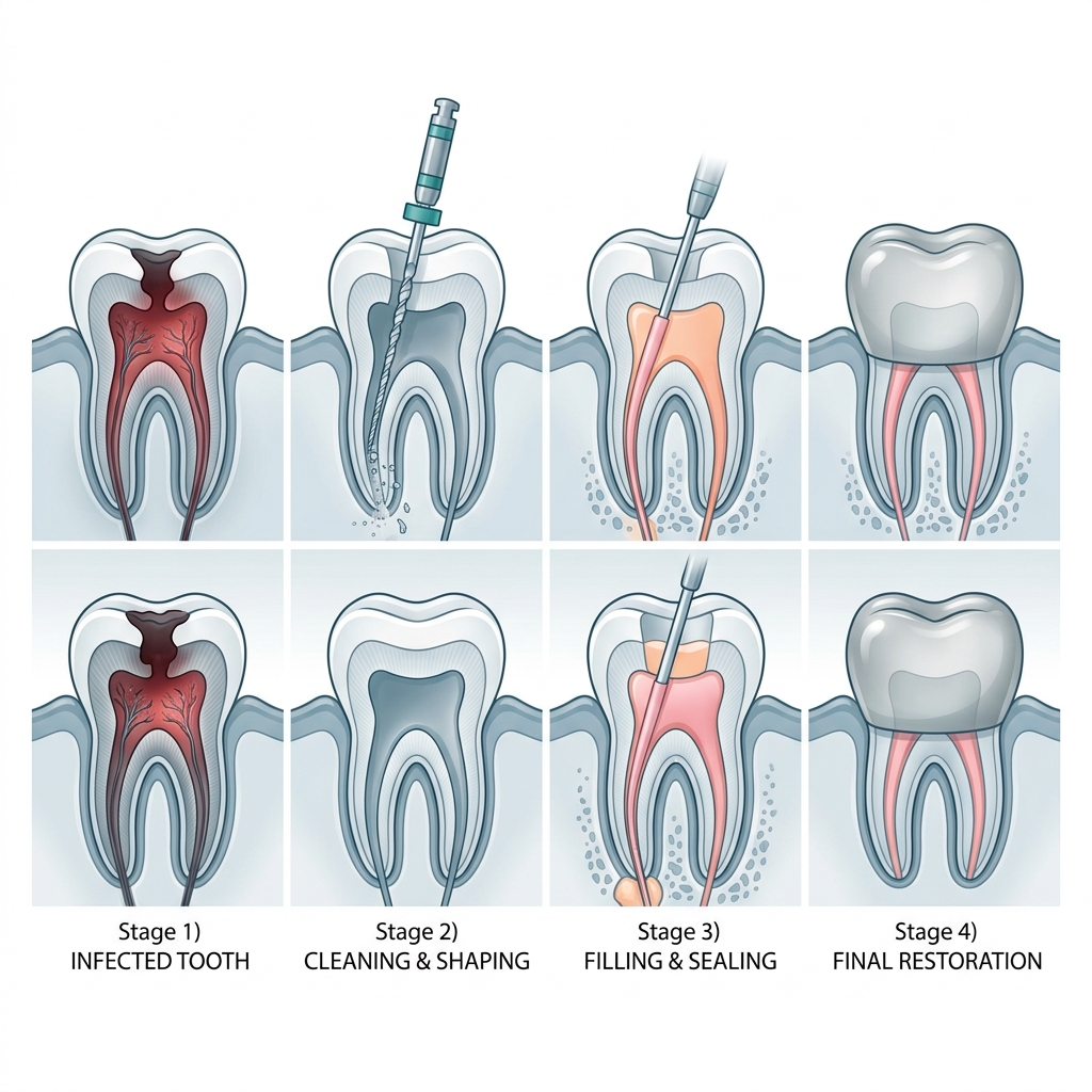 Ilustração das etapas do tratamento de canal: diagnóstico, limpeza dos canais, obturação e restauração final
