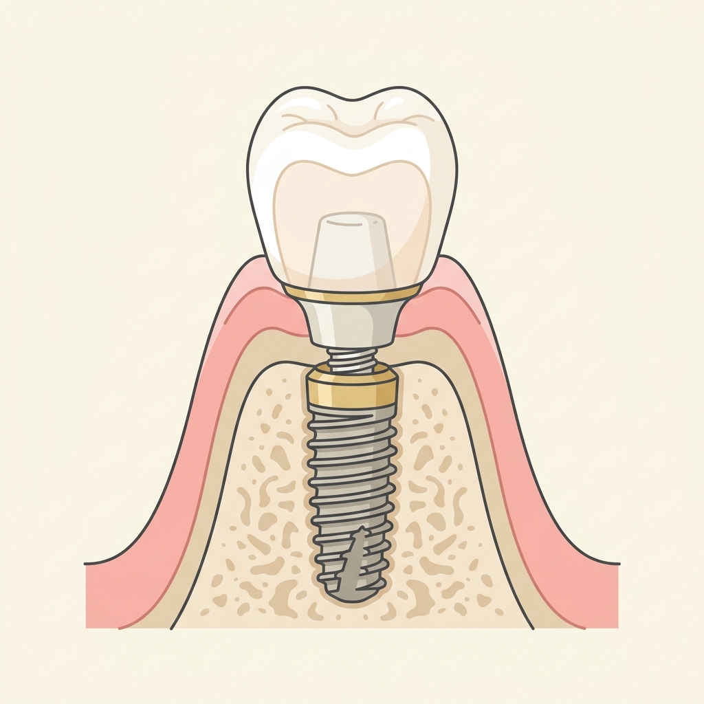 Ilustração educativa mostrando as três partes de um implante dentário: pino de titânio no osso, pilar protético e coroa.