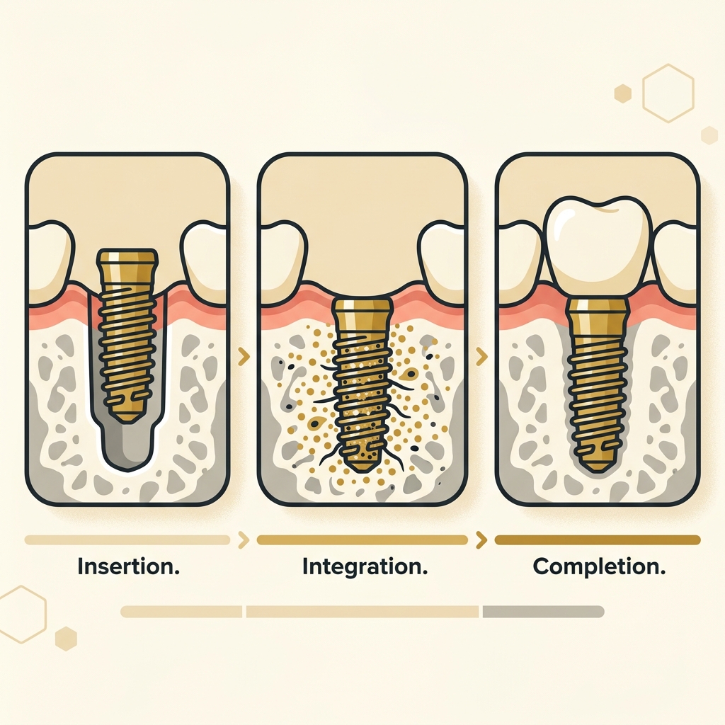 Ilustração esquemática mostrando as fases da osseointegração: implante instalado, integração óssea e prótese final.