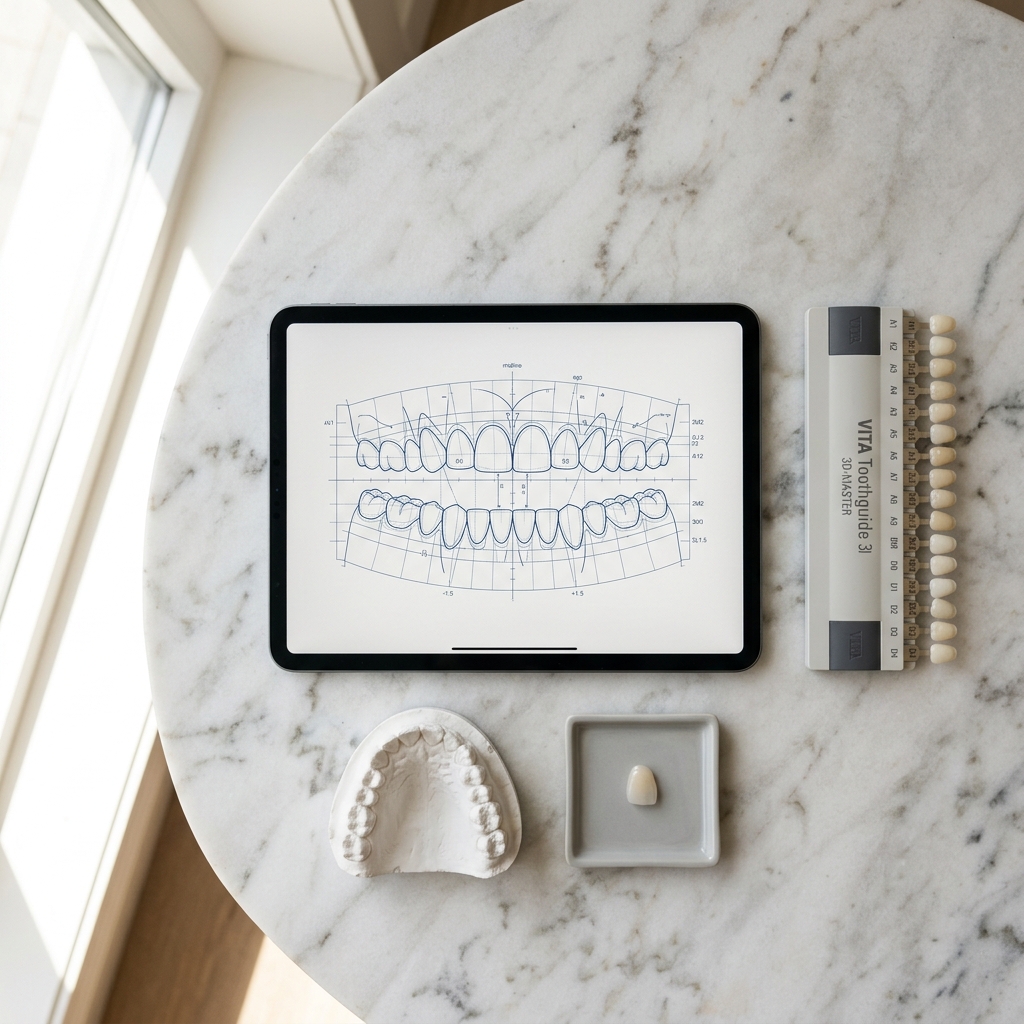 Ferramentas de planejamento digital do sorriso: tablet com design de arcada, escala de cores VITA e molde dental.