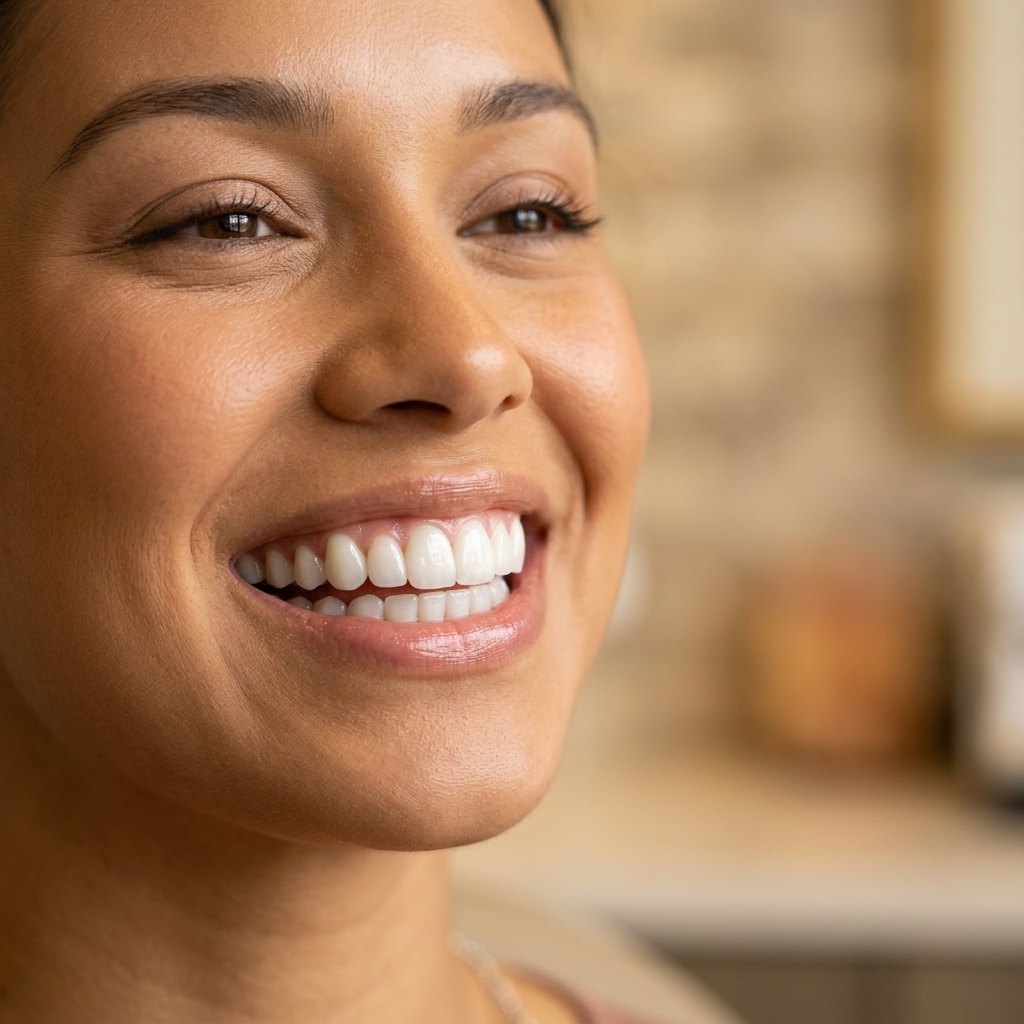 Sorriso natural e saudável com lentes de contato dental — resultado estético harmonioso.