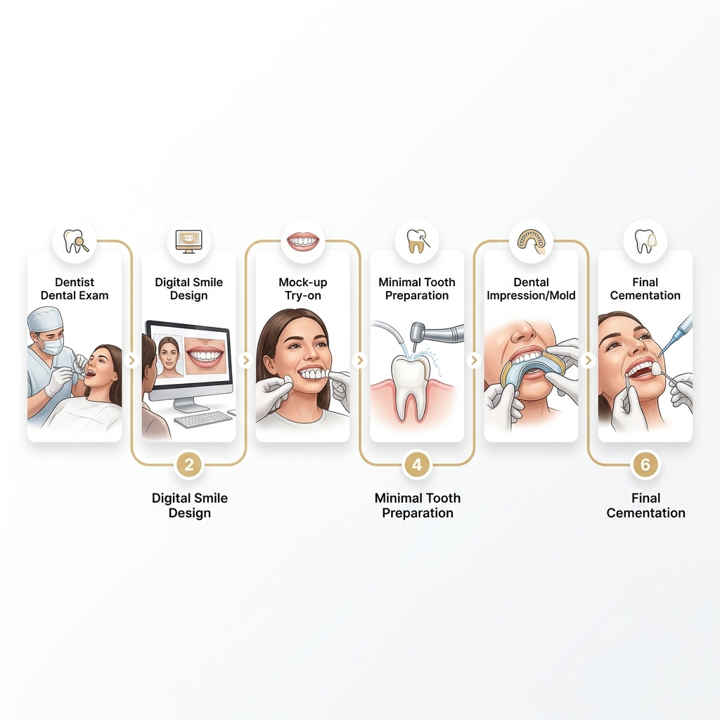 Ilustração das etapas do tratamento com lentes de contato dental, do diagnóstico à cimentação final.