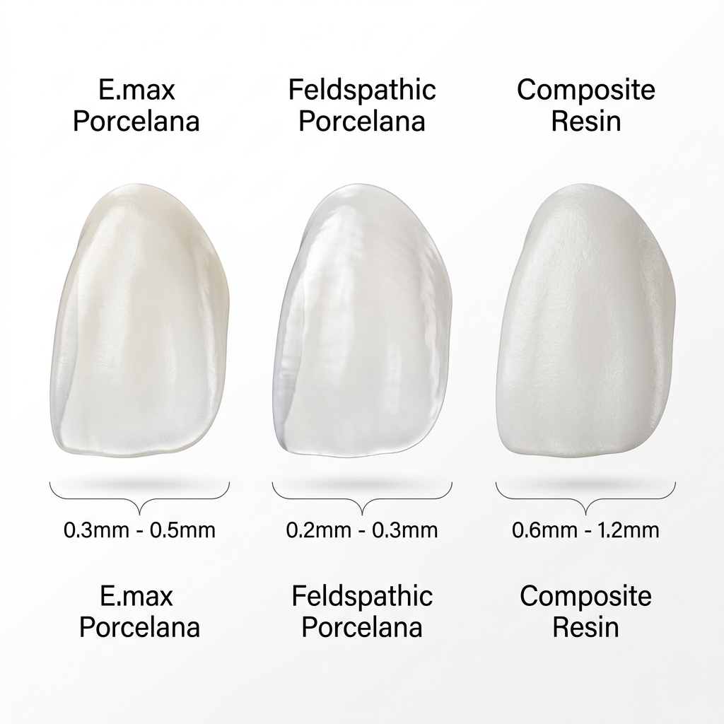 Comparação visual entre os três tipos de laminados cerâmicos utilizados em lentes de contato dental.