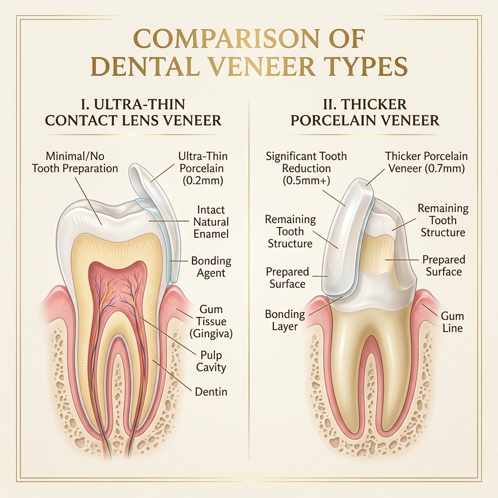 Infográfico didático comparando a espessura de uma lente de contato dental e de uma faceta de porcelana.