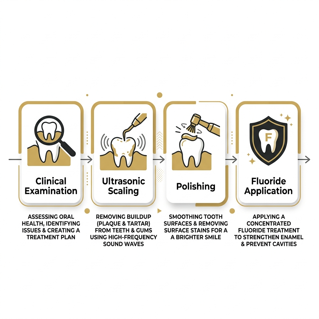 Infográfico das etapas da limpeza dental: exame clínico, raspagem ultrassônica, polimento e aplicação de flúor.