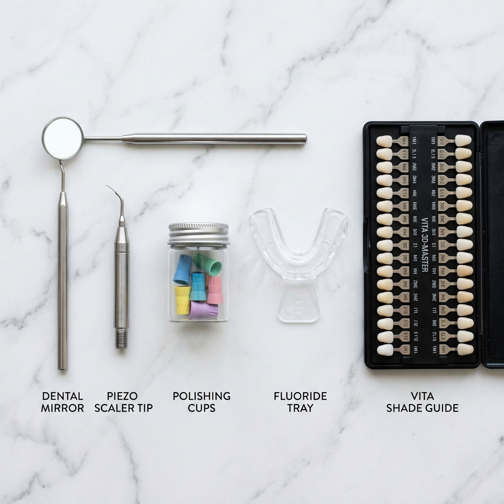 Instrumentos odontológicos de profilaxia: espelho clínico, ponta de ultrassom, taças de polimento e moldeira de flúor.