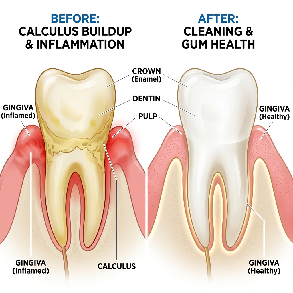 Ilustração comparativa mostrando dente com acúmulo de tártaro versus dente após raspagem profissional.
