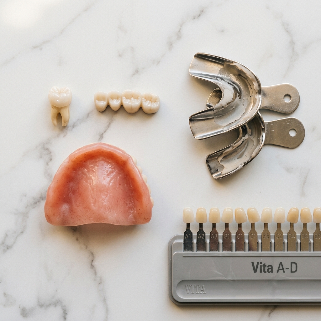 Materiais utilizados na confecção de próteses: coroa cerâmica, ponte em zircônia, base acrílica e moldeiras de impressão.