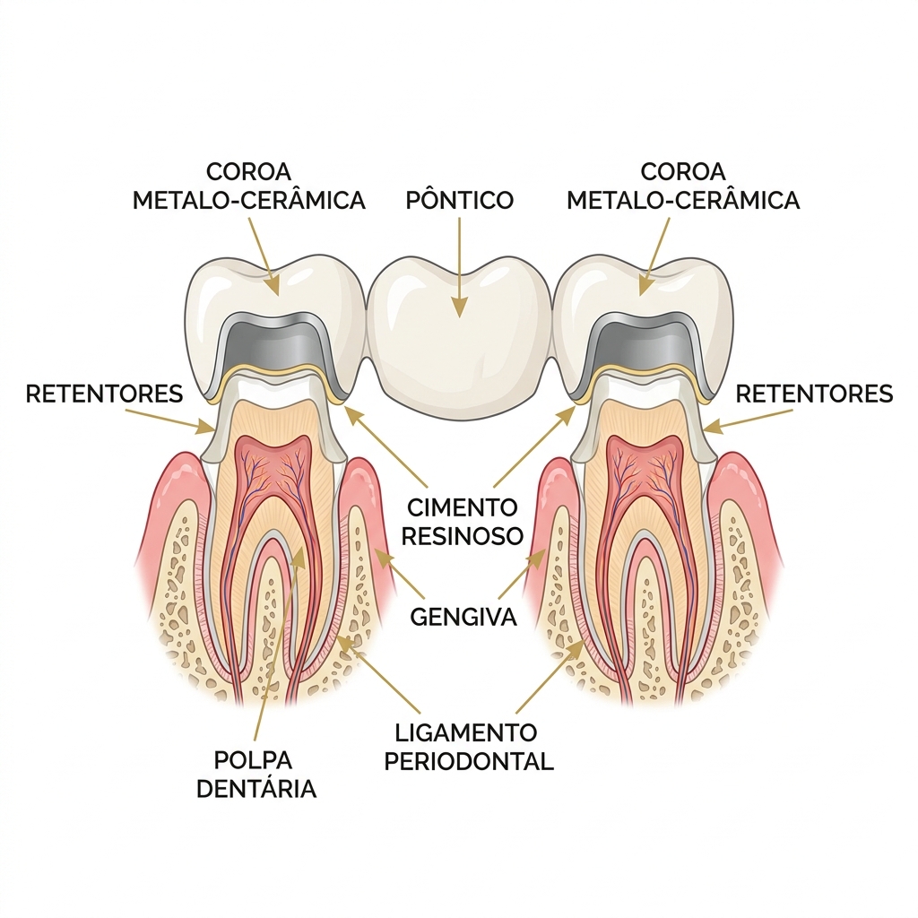 Diagrama de uma ponte fixa de três elementos: dois dentes pilares sustentando um pôntico intermediário.