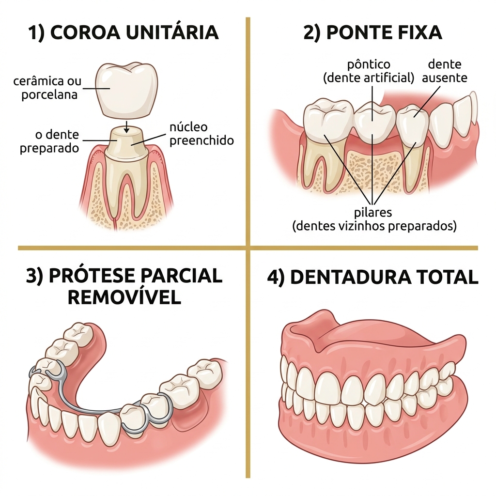 Infográfico classificando os tipos de prótese dentária: coroa unitária, ponte fixa, parcial removível e prótese total.