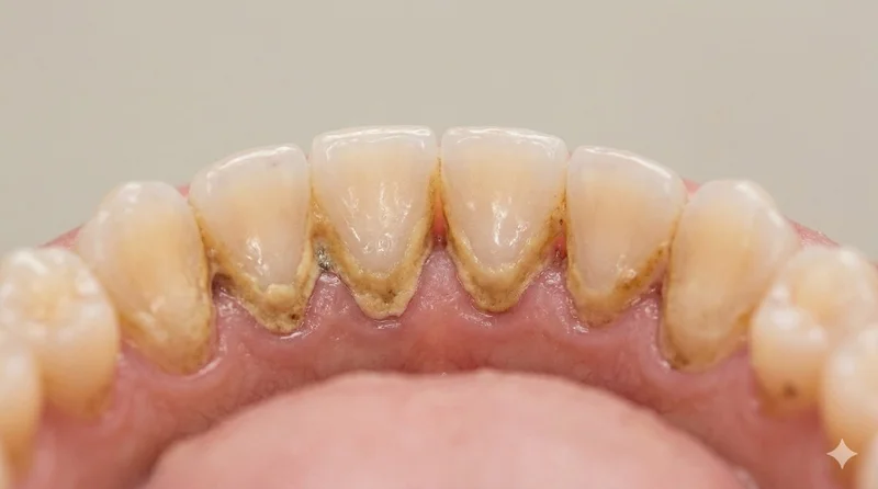 Tártaro acumulado na face interna dos dentes inferiores da frente.