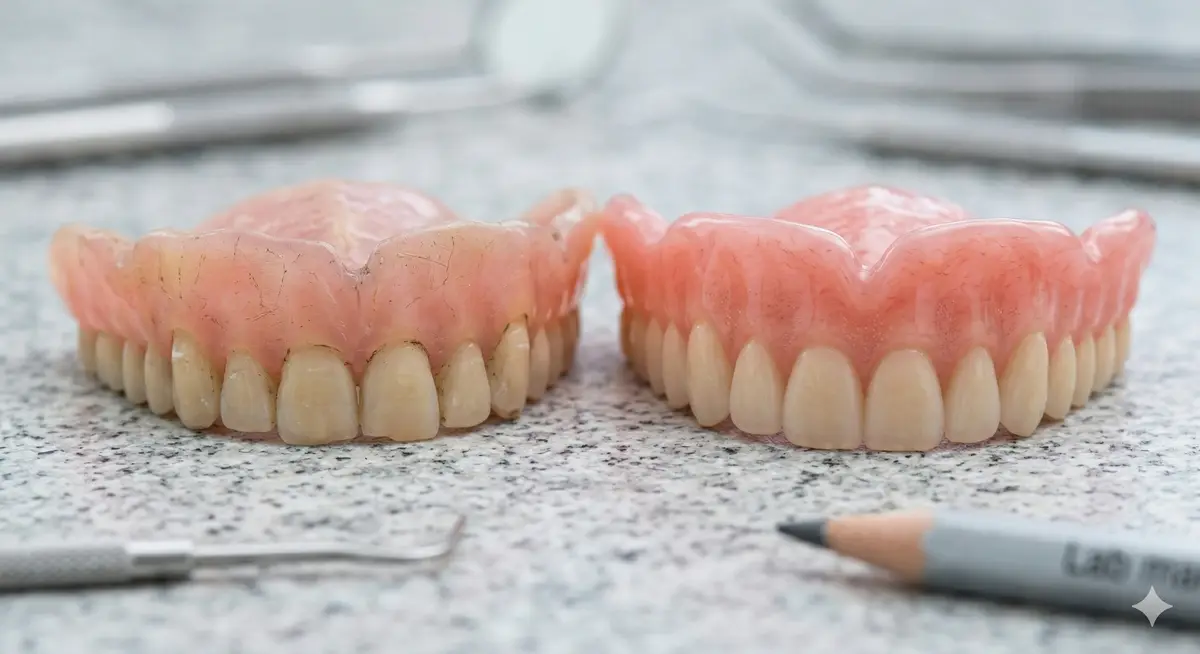 Comparação entre prótese dentária antiga desgastada e prótese nova moderna na Art Dental Belém