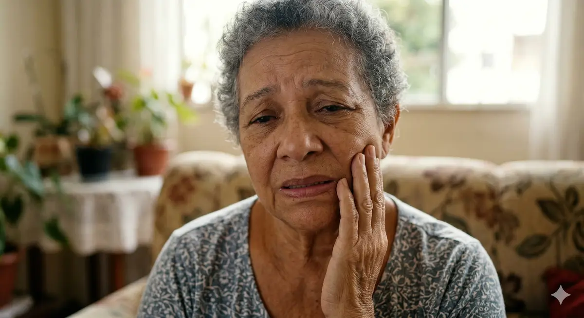 Paciente com dor na gengiva causada por prótese dentária mal adaptada em Belém